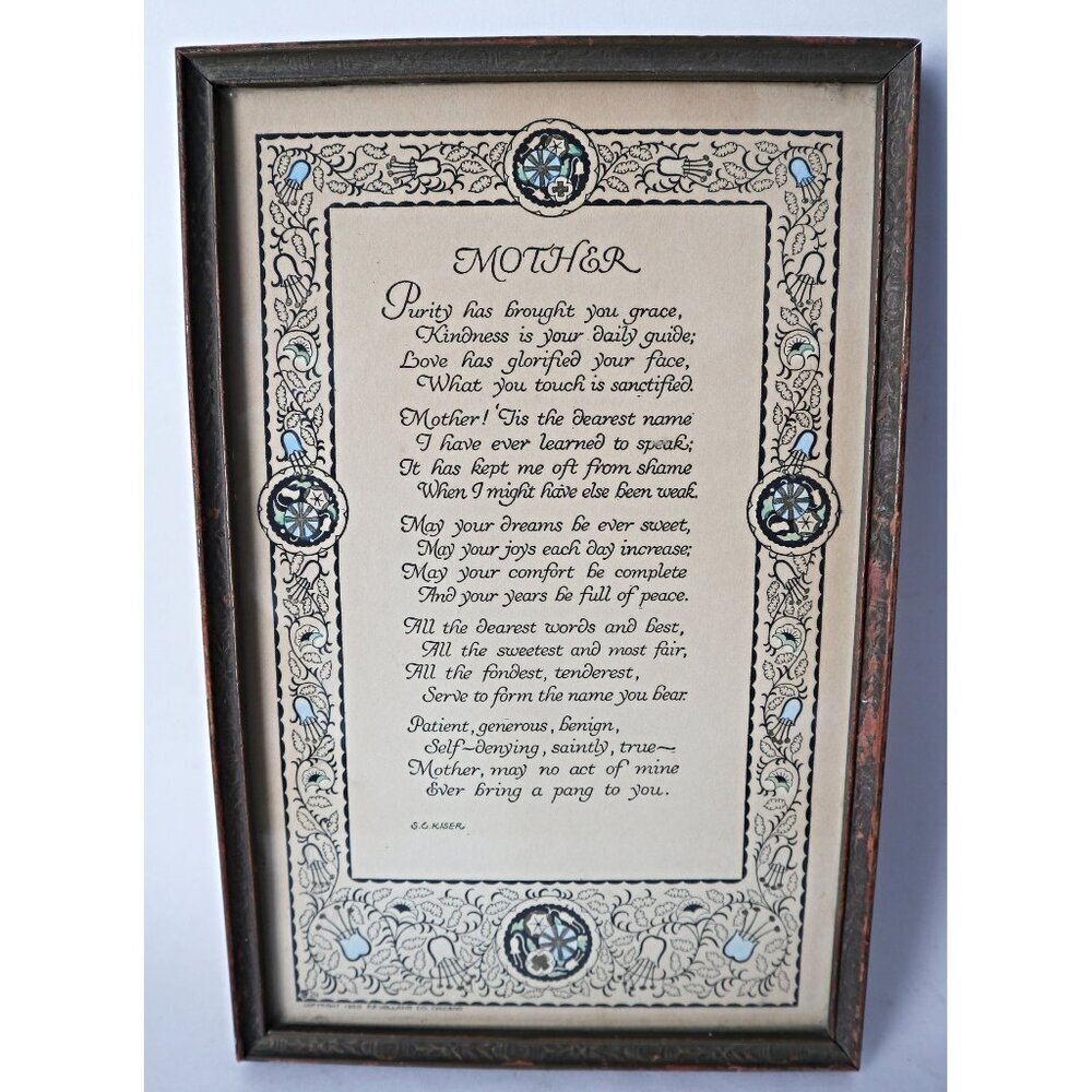 Antique Print Mother Poem Wood Frame 1920